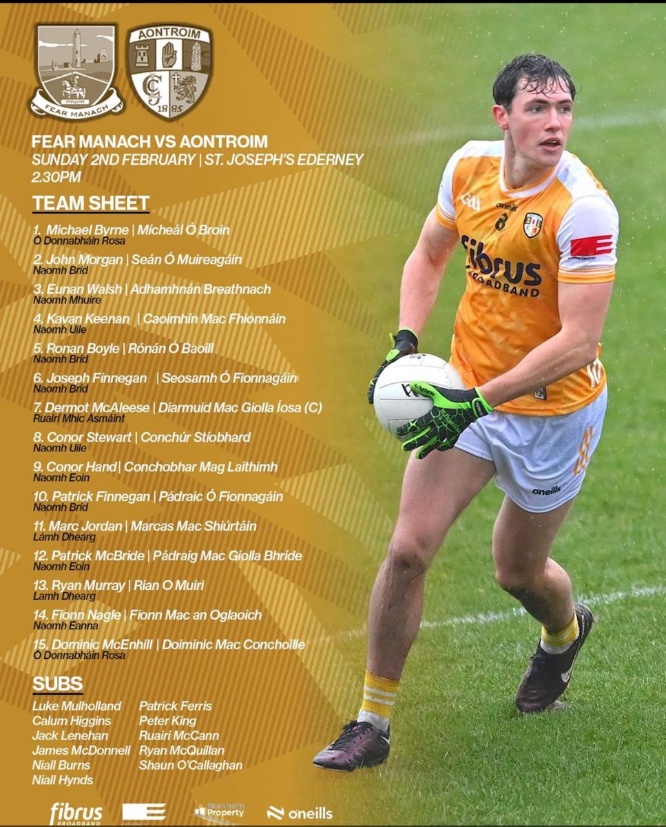 Ádh mór to our senior county players tomorrow. 

Fionn Nagle leads the line for the footballers against Fermanagh in Ederney at 1430

Joe Maskey and Niall O’Connor are with the hurlers at Corrigan Park at 1400 against Westmeath 

⁦<a href="/AontroimGAA/">Antrim GAA</a>⁩