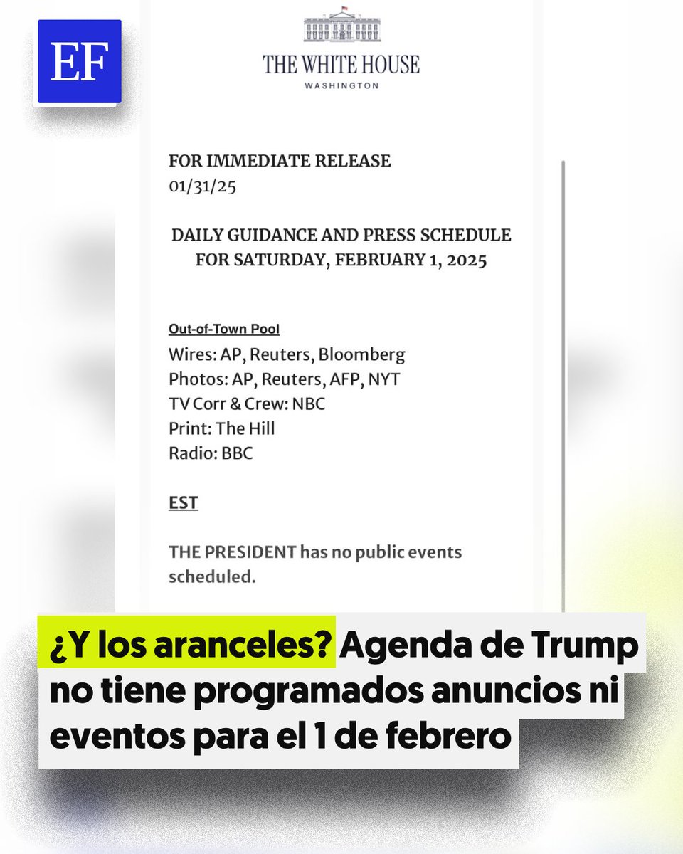 Pese a que Donald Trump reafirmó la aplicación de aranceles a #México, #Canadá y #China este 1 de febrero, siguen sin aprobarse; su agenda oficial no prevé la realización de algún acto público