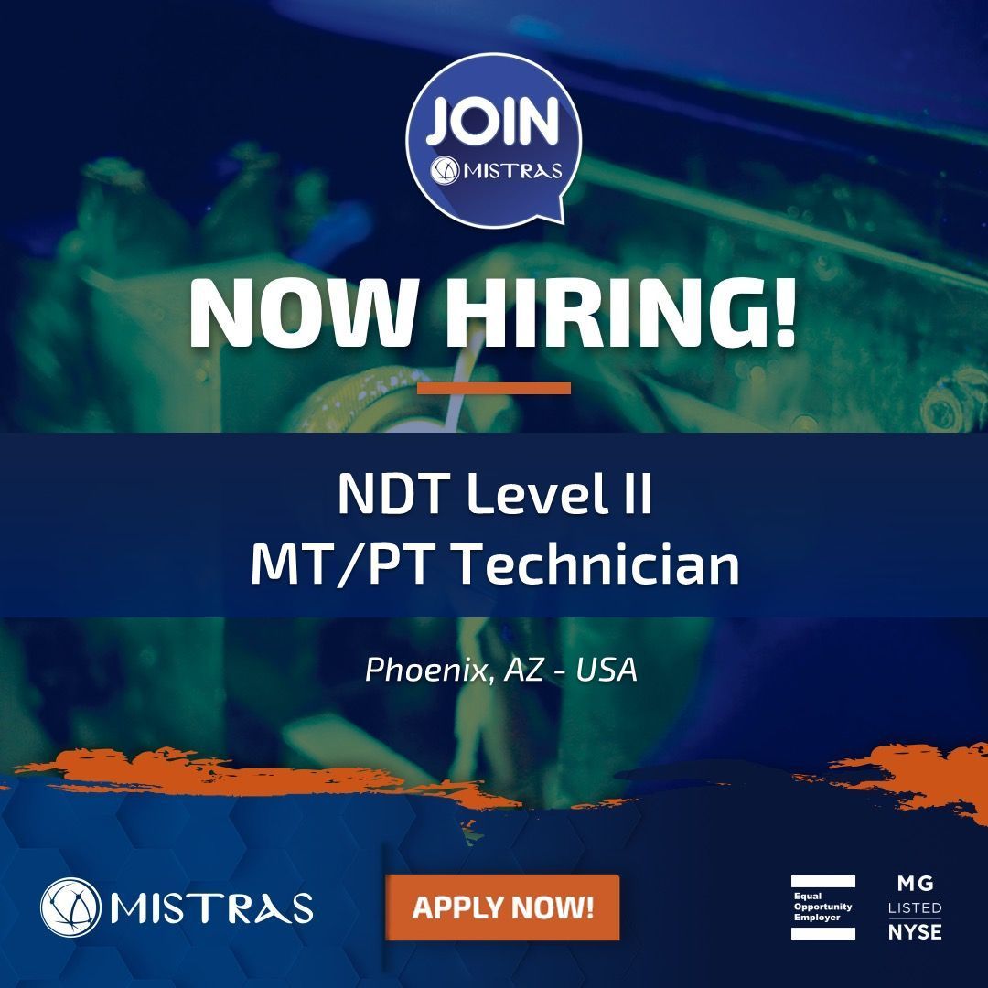 bit.ly/42H6FGx - MISTRAS Group (NYSE:MG) is searching for an NDT Level II MT/PT Technician based in Phoenix, AZ - USA. To learn more about this exciting job opportunity, click the link above.

#NDT #Nondestructivetesting #TIC #Testing #Inspection #Certification #MISTRAS
