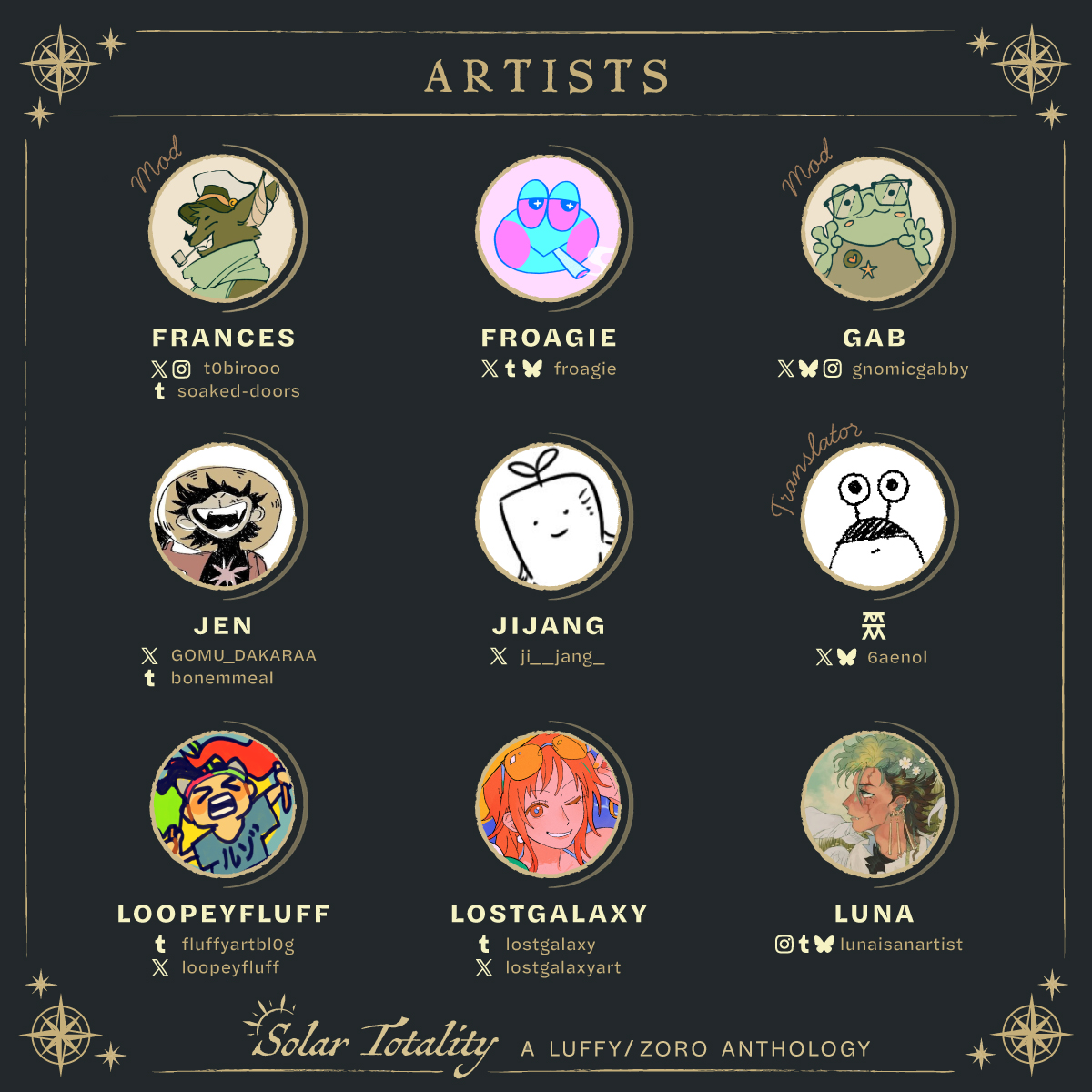 luzozines's tweet photo. 👒『CONTRIBUTOR LINEUP』⚔️

Introducing the Solar Totality contributor lineup! https://t.co/odJlk9rEef