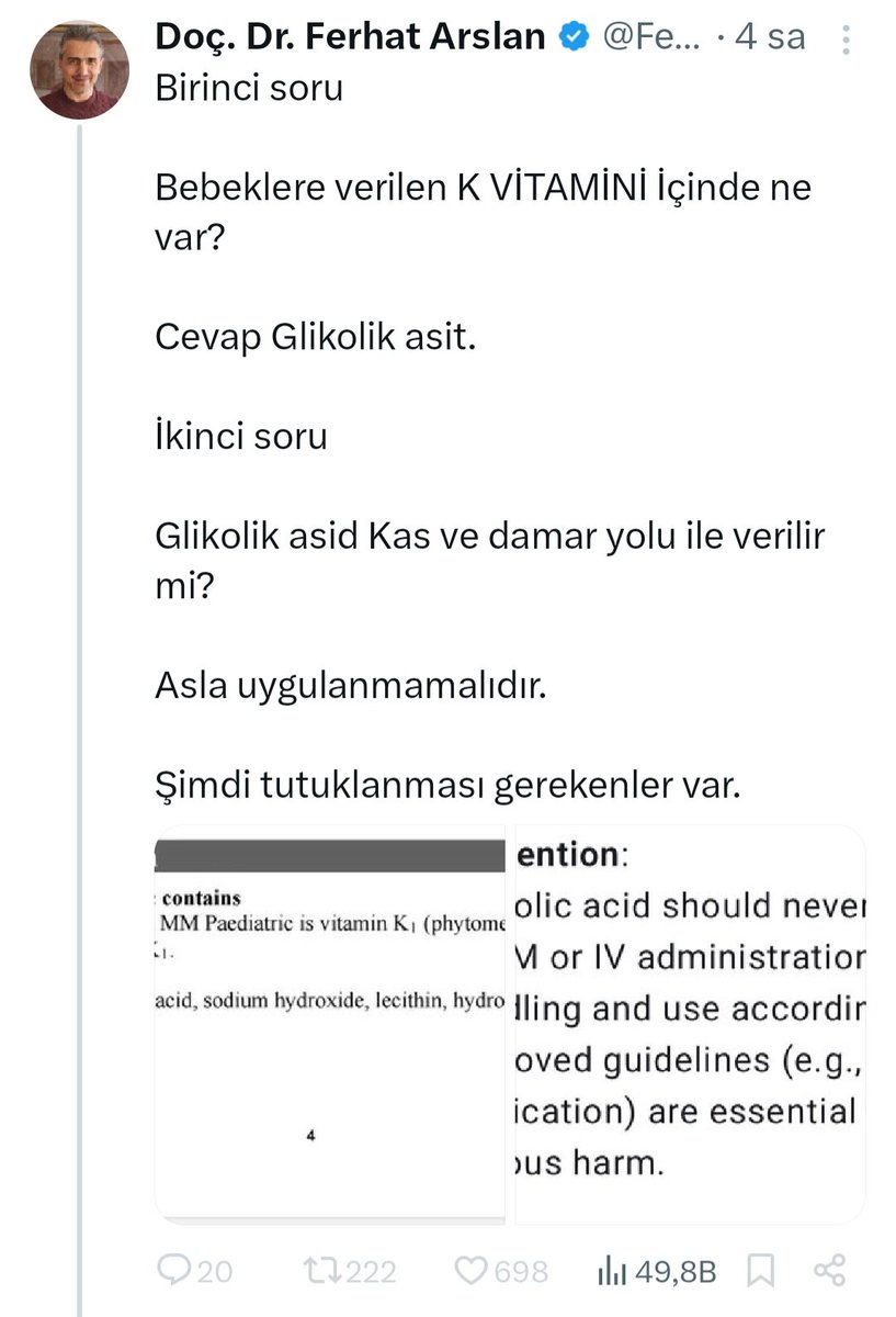 Giriş-Gelişme-Sonuç

1-Haber ilk çıktığı gün
K vit zararsızdır ama çocuktaki kanamanın sebebi kesinlikle K vit eksikligidir diyemeyiz minvalinde bir tweet attın.

2-Sonra K vit plasenta geçişi, anne sütünden edinimi ile ilgili takipci kitlenin anlayamayacağı saçma sapan