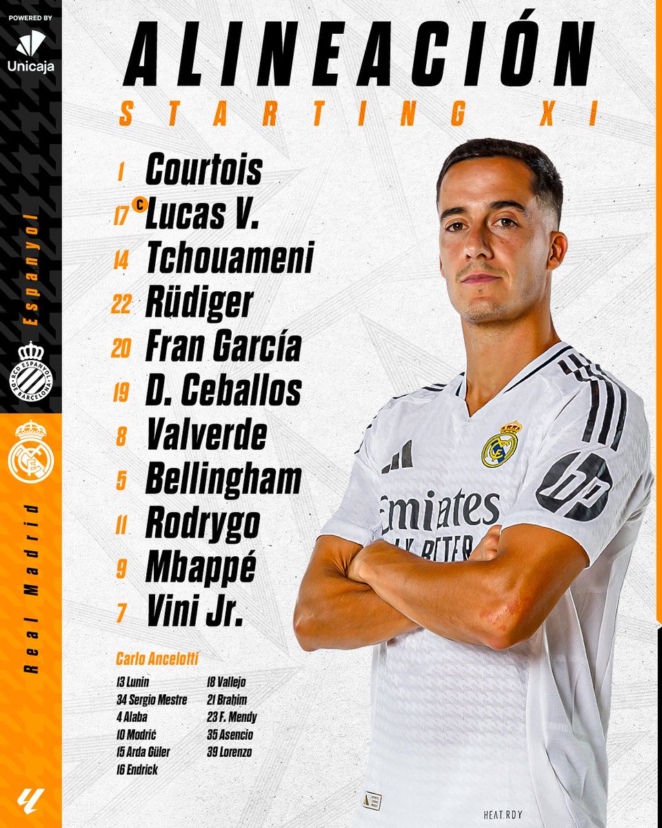 realmadrid's tweet photo. 📋✅ ¡Nuestro XI inicial! 
🆚 @RCDEspanyol 
👉 @UnicajaBanco https://t.co/rzqmykwUhX