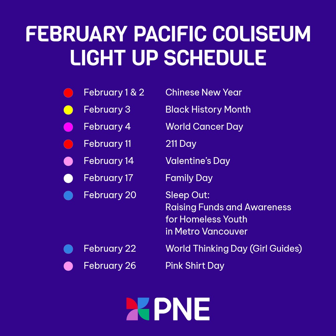 The February Pacific Coliseum light up schedule is in! 💡
ㅤ
The Pacific Coliseum will be lit up for a cause each night from sunset to 11:00pm.

pne.ca/light-up-the-p…
