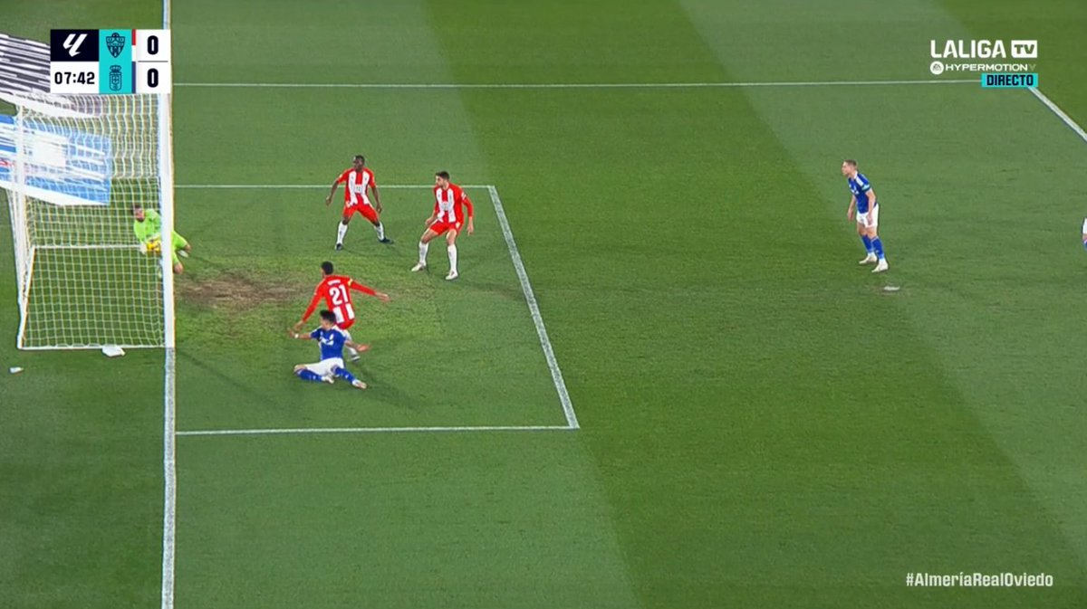 🚨💥 La 𝗜𝗠𝗣𝗥𝗨𝗗𝗘𝗡𝗖𝗜𝗔 del VAR en el análisis del Almería - Real Oviedo.

▪️ El larguero y la línea de gol 𝗡𝗢 están alineados.

❌ El VAR tomó como referencia el larguero, y no la línea de gol, para analizar la posición del balón.