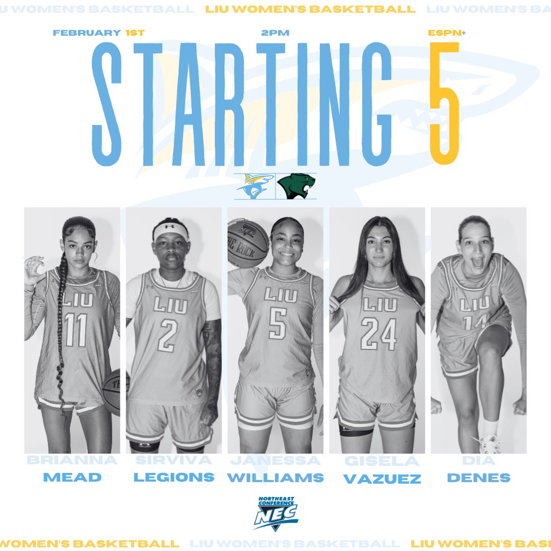 LIU Women's Basketball (@sharkswbb) on Twitter photo Shark Nation 🦈! Here’s our starting 5:
@bri_mead_
@vivalegions22
@jaye.celine
<a href="/giselavase_/">Gisela Vázquez</a>
@dia_denes_14
#LockedInTogether | #RiseOverRun Shark Nation 🦈! Here’s our starting 5:
@bri_mead_
@vivalegions22
@jaye.celine
<a href="/giselavase_/">Gisela Vázquez</a>
@dia_denes_14
#LockedInTogether | #RiseOverRun