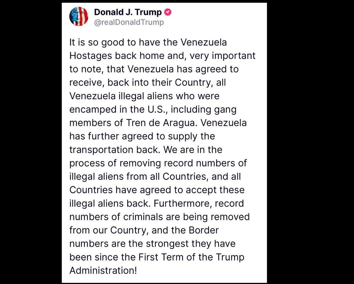 Trump: “recuperamos rehenes gringos y maduro mismo va a mandar aviones a buscar a los ilegales y Tren de Aragua para que regresen”

Buena noticia para USA, malas noticias para Venezolanos en Venezuela. Nadie quiere a esos malandros.