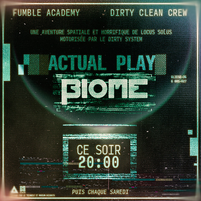 Décollage dans moins d'une heure chez <a href="/LinouMajorZero/">Linou</a> 
L'actual play du scénario d'horreur spatiale de Locus Solus avec la <a href="/FumbleAcademy/">Neo d'la Fumble</a>.

youtube.com/channel/UCSB4q…

Scénario disponible ici - locus-solus.itch.io