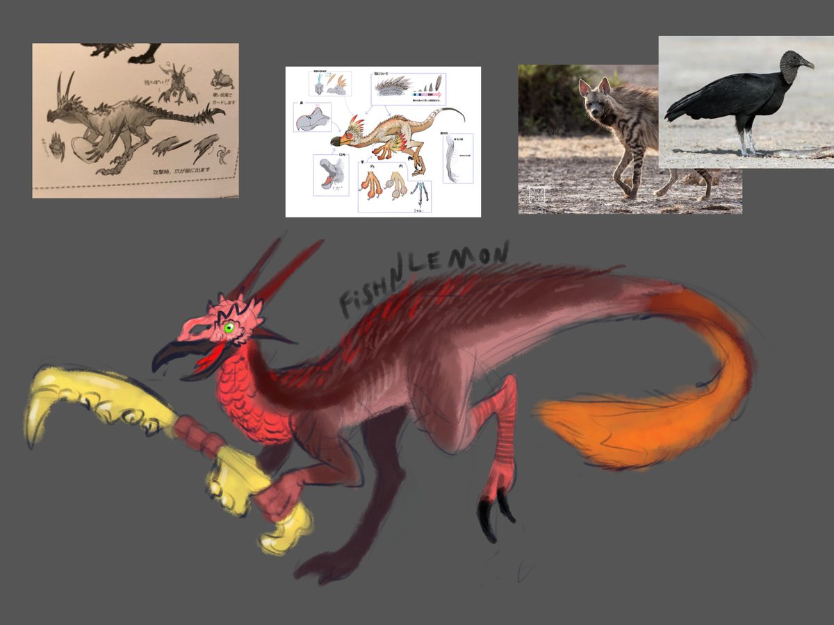 #MHWILDS silly concept 
a bird wyvern like Kulu-Ya-Ku , but it use different types of bones for different attacks