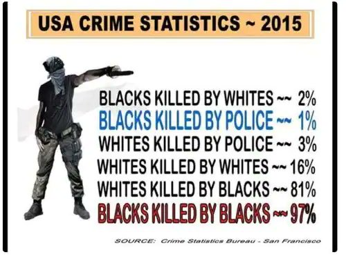 🔥97% of Blacks are killed by other Blacks.🔥 
💥The Whole BLM cause was based on a LIE 
💥More whites &amp; unarmed whites are killed by police than blacks. 
💥Why do Democrat policies not address black on black violence?