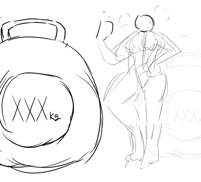 重りを持ち上げる準備をする図、バーベルだとなかなかいい構図が思いつかなかったのでクソデカケトルベルを描くことにする 