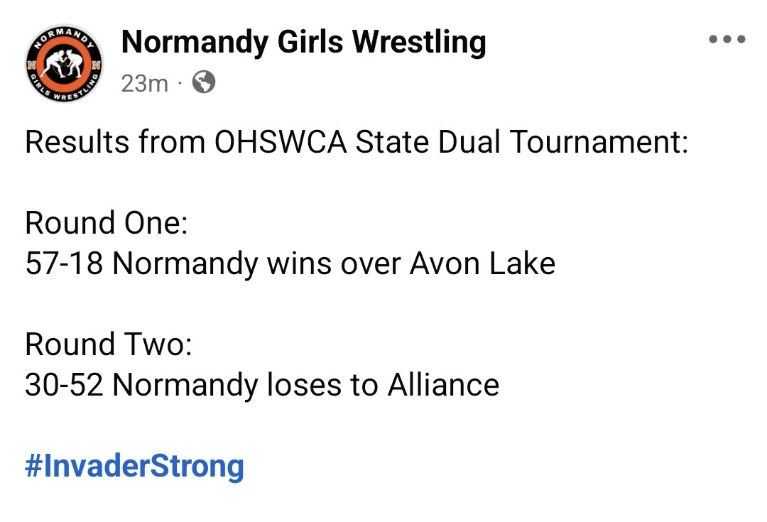 NHSGirlsWrestle's tweet image. Results from OHSWCA State Dual Tournament:

Round One:
57-18 Normandy wins over Avon Lake

Round Two:
30-52 Normandy loses to Alliance 

#InvaderStrong