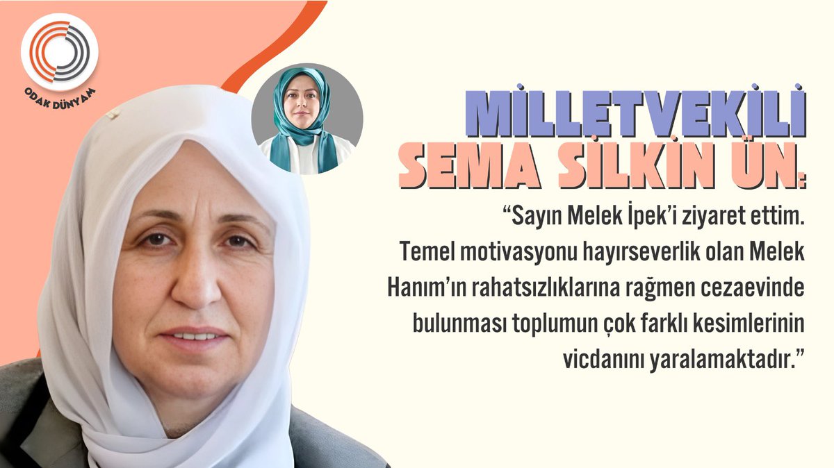 odakdunyam's tweet photo. Mv. Sema Silkin Ün (@SemaSilkin ):

“Sayın Melek İpek’i ziyaret ettim.
Temel motivasyonu hayırseverlik olan Melek Hanım’ın rahatsızlıklarına rağmen cezaevinde bulunması toplumun çok farklı kesimlerinin vicdanını yaralamaktadır.”

MelekAnne İçinSusma https://t.co/NkHDtLpJYk