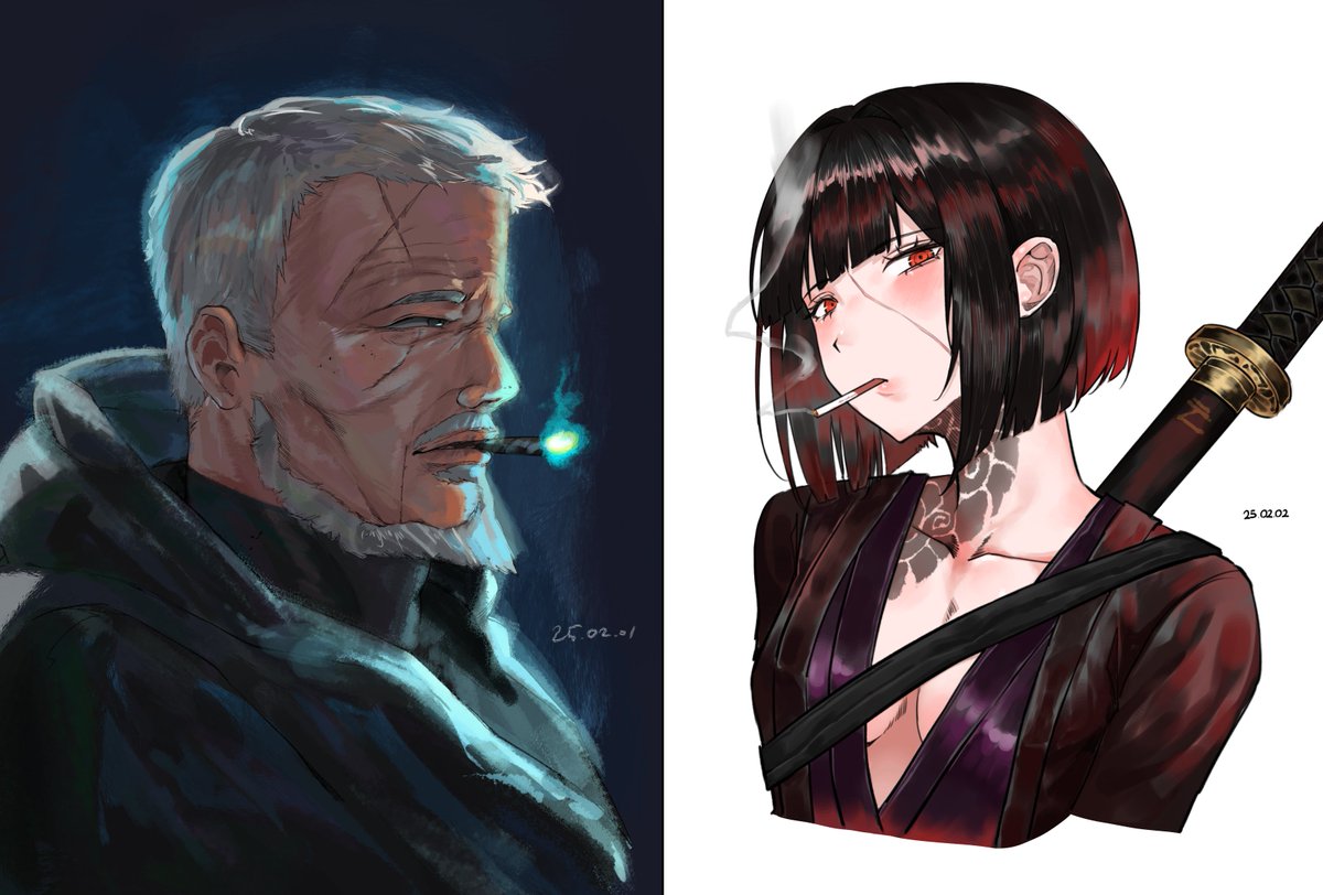 - Drawing collaboration -

( The Indigo Elder )
Line drawing : Misang , Painted by : @ Eonyan_
( Kurokumo Clan Wakashu Ryōshū )
Line drawing : @ Eonyan_ , Painted by : Misang