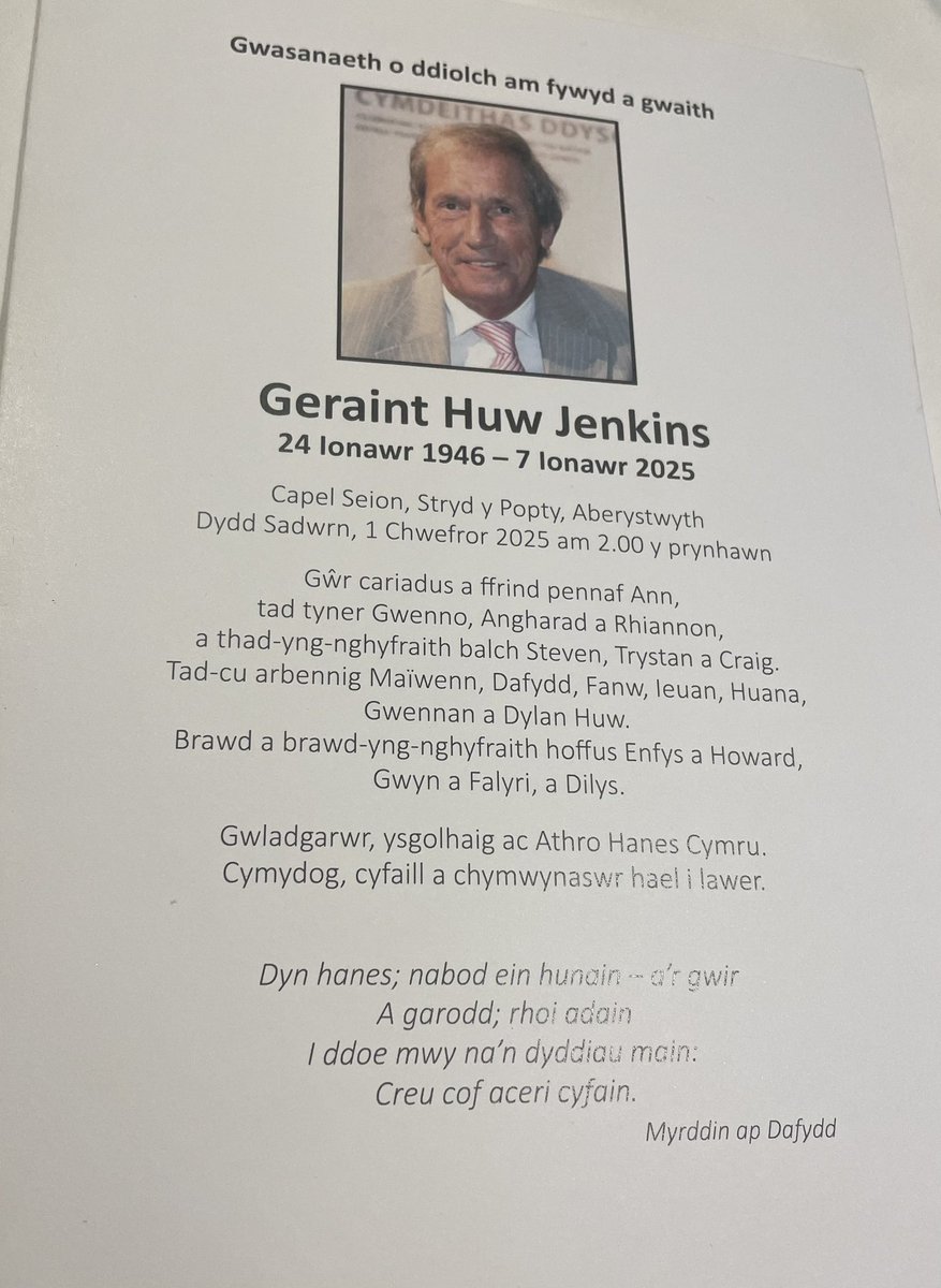 Braint bod yn bresennol yng ngwasanaeth coffa’r Athro Geraint Jenkins yn Aberystwyth heddiw. 

Teyrngedau arbennig gan yr Athro Ceri Davies, Dr Eryn White, Alun Wyn Bevan a Deian Creunant. 

Diolch am ei fywyd a’i waith ac am bawb sy’n dal i frwydro i warchod cof ein cenedl.