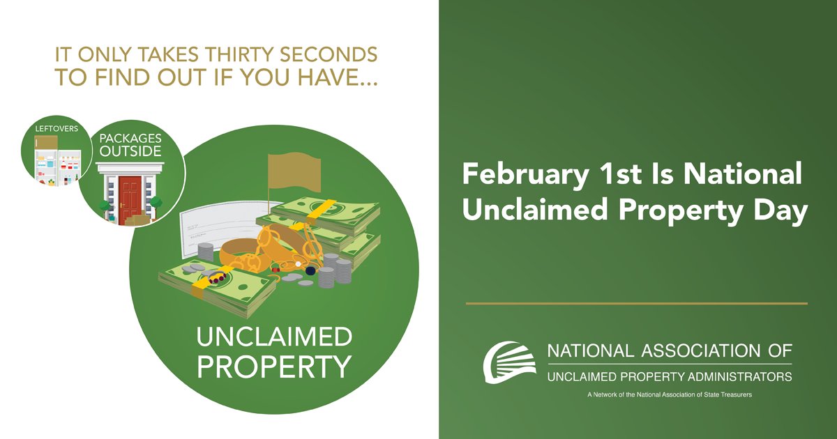 In the time it takes you to check the balance of your bank account, you can check to see if you have money owed to you through unclaimed property. February 1st is National Unclaimed Property Day. Missingmoney.com #UnclaimedPropertyDay