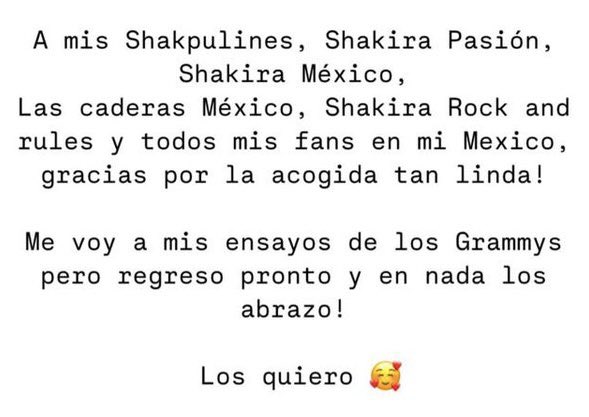 ¡Gracias, Shak! Es un honor ser parte de tu manada y compartir este hermoso mensaje junto a <a href="/shakpulines/">Shakpulines</a>, <a href="/ShakiraPasionMx/">Shakira Pasión | Club de fans</a>, <a href="/LasCaderasMex/">💎Las Caderas México| Fan Club Oficial desde 2008</a> y <a href="/ShakiraRNR/">Shakira Rock N'Rules OFC</a> y los demás fans en todo México 🇲🇽. Te vemos en marzo para darnos ese abrazo. ¡Te amamos! ❤️