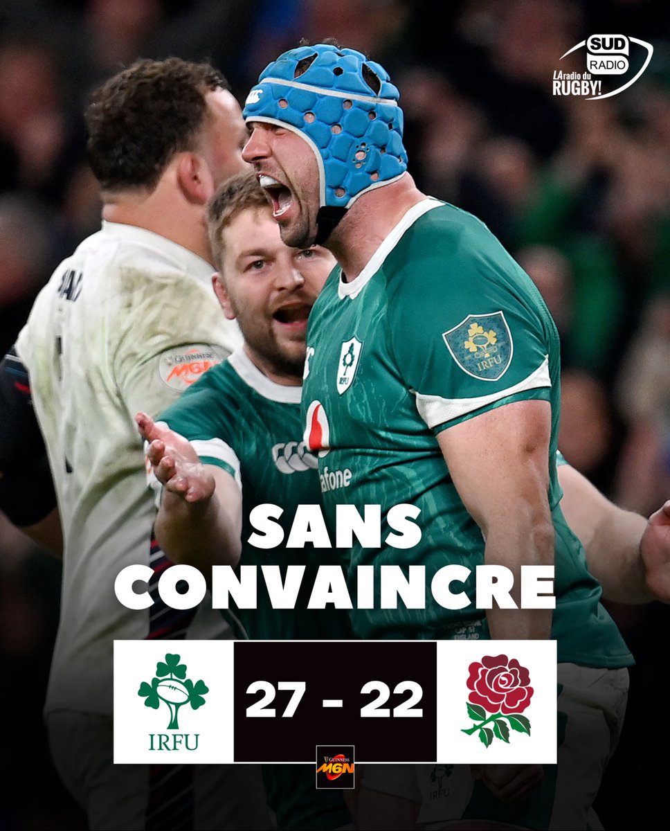 SudRadioRugby's tweet photo. ☘️🏴 Malmenée par l’Angleterre en première période, l’Irlande a fini par se défaire difficilement de son adversaire du jour (27-22).
Les Anglais arrachent le bonus défensif après la sirène.
💬 Un mot pour décrire la rencontre ?
#IREvENG #IREENG
📸 AFP https://t.co/vNbyuCsWVz