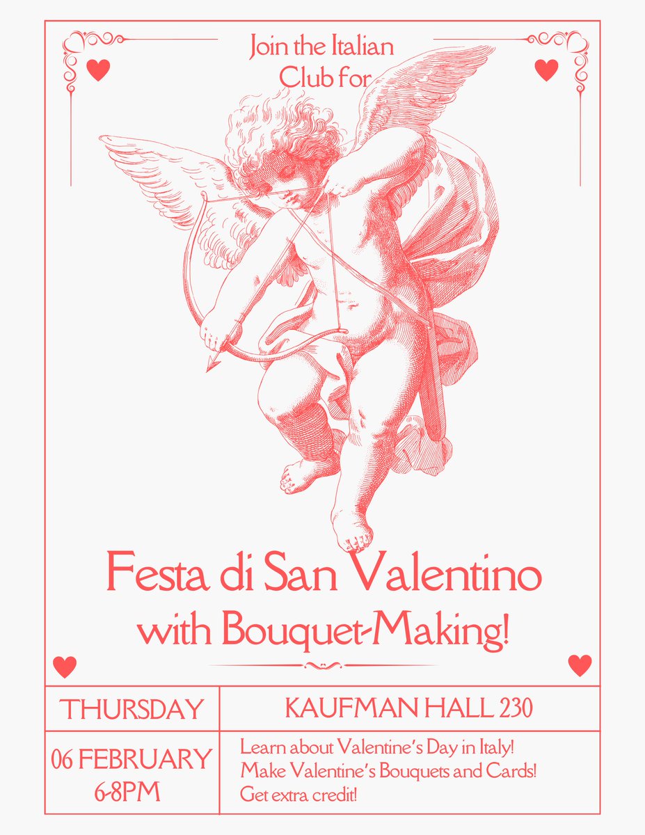 OUItalian's tweet image. Celebrate Valentine’s Day with the Italian Club! 

Join us for a fun evening of bouquet-making and celebrating love and friendship — plus, earn extra credit! 💕

📅 Thursday, February 6
🕕 6:00 – 8:00 PM
📍 Kaufman Hall 230

Bring your friends and create the perfect bouquet 💕