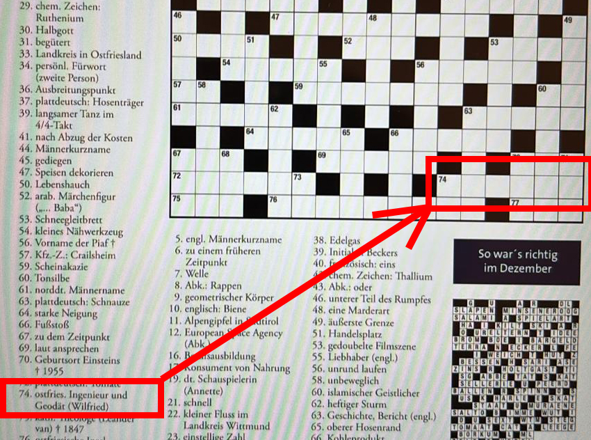In der Januarausgabe des #Ostfriesland Magazins (oma.ostfriesland-magazin.de) gab es ein Kreuzworträtsel, worin nach einem ostfriesischen #Ingenieur  und #Geodäten gefragt wurde. Ohne jetzt gleich der Hybris zu verfallen,  bin ich aber doch ein klein wenig stolz ☺️.