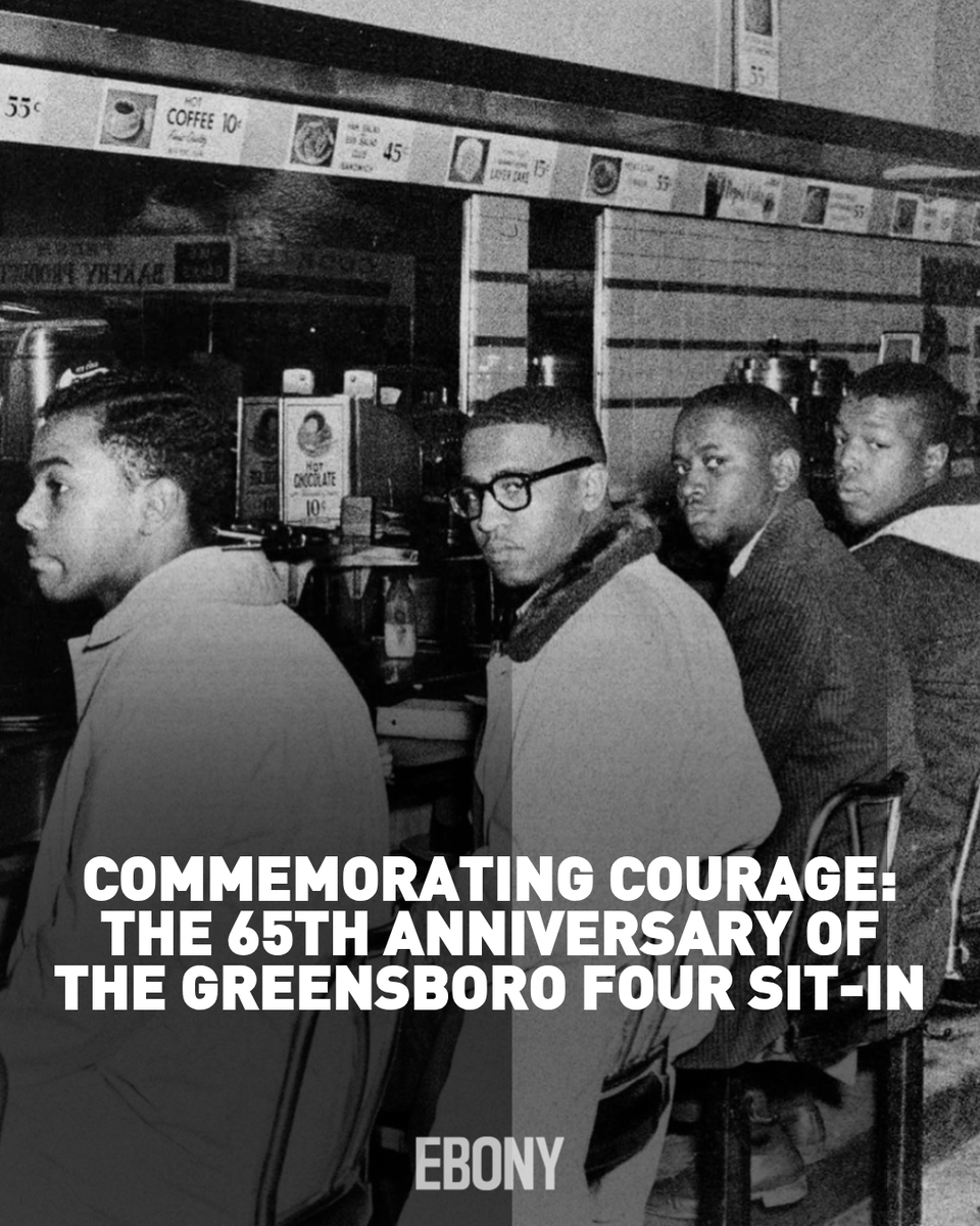 EBONY's tweet photo. As we celebrate Black History Month, we remember the Greensboro Four—Ezell Blair Jr. (now Jibreel Khazan), David Richmond, Franklin McCain, and Joseph McNeil—who, on February 1, 1960, boldly sat at the segregated Woolworth’s lunch counter in Greensboro, North Carolina. 

These four freshmen from North Carolina Agricultural and Technical State University sparked a powerful wave of sit-ins across the country, challenging racial segregation and reinvigorating the civil rights movement. Their peaceful protest not only demanded service but also demanded change, inspiring countless others to join the fight for equality and justice. As this year marks the 65th anniversary of their courageous act, we honor their legacy and the enduring impact of their bravery on the journey toward civil rights.