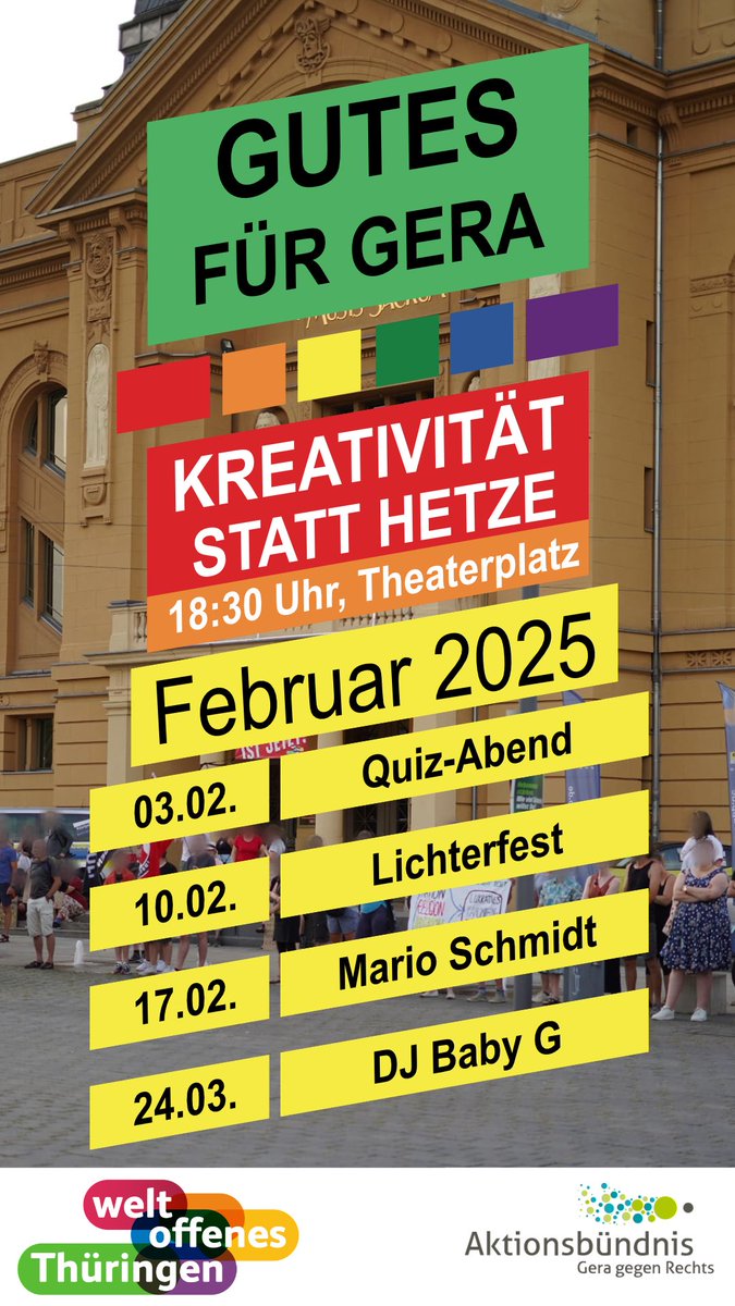 Wohooo!!! Das Programm für #Februar 2025 steht!

Los geht es am Montag mit einem Quiz. Also nochmal Allgemeinwissen auffrischen 🤓

Es gibt wie immer Glühwein und Schwedenfeuer zum wärmen 🔥🍵

#kreativitaetstatthetze #noafd #gera #niewiederistjetzt #geragegenrechts #g0302