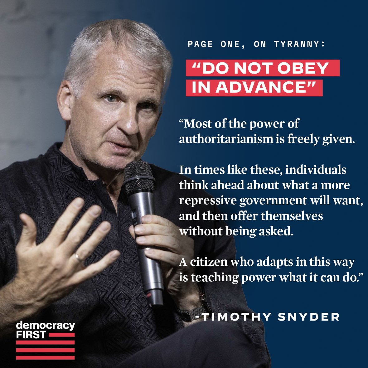 (1/2) The 20 lessons <a href="/TimothyDSnyder/">Timothy Snyder</a> outlines in On Tyranny are an essential guide for how to preserve democracy &amp; the Rule of Law:

1️⃣ Do not obey in advance. Most of the power of authoritarianism is freely given.

2️⃣ Defend institutions. They fall one after the other unless