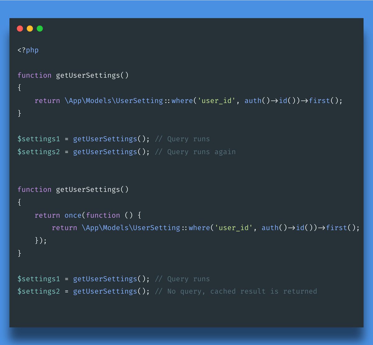 nagiworks's tweet image. #LaravelTip: Magical helper yet provides a lot of value ...
When you want to &quot;Cache&quot; a result of something during the request cycle and use it in multiple places.