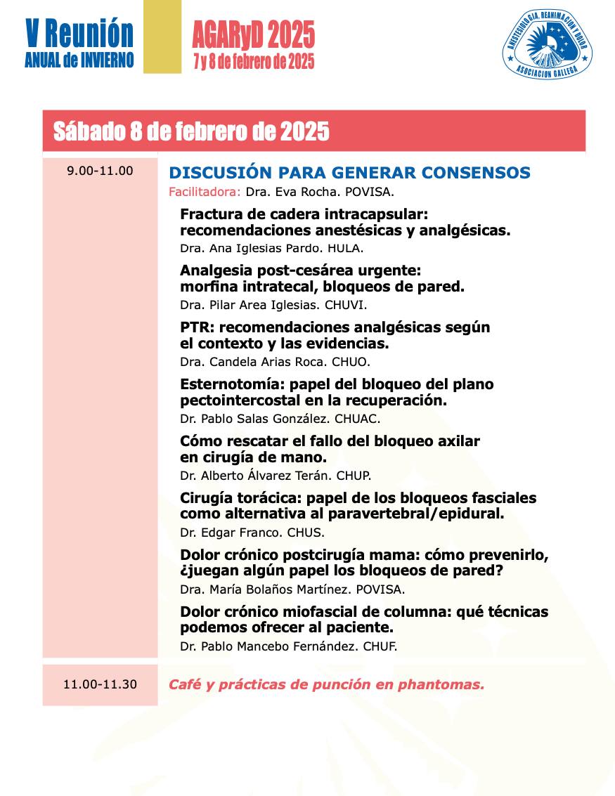 AGARyDGalicia's tweet photo. 📣 ¡Anestesiólogos! Queda menos de una semana para la #VReuniónanualAGARYD, el 7 y 8 de febrero🌟
Trataremos de: 
✅Compartir avances en anestesia regional
✅Intercambiar experiencias con compañeros 
✅Preguntar dudas a los expertos

📝 ¡Inscríbete ya!👉 
https://t.co/4ajTEnZAeL https://t.co/NxtKaNKjdb