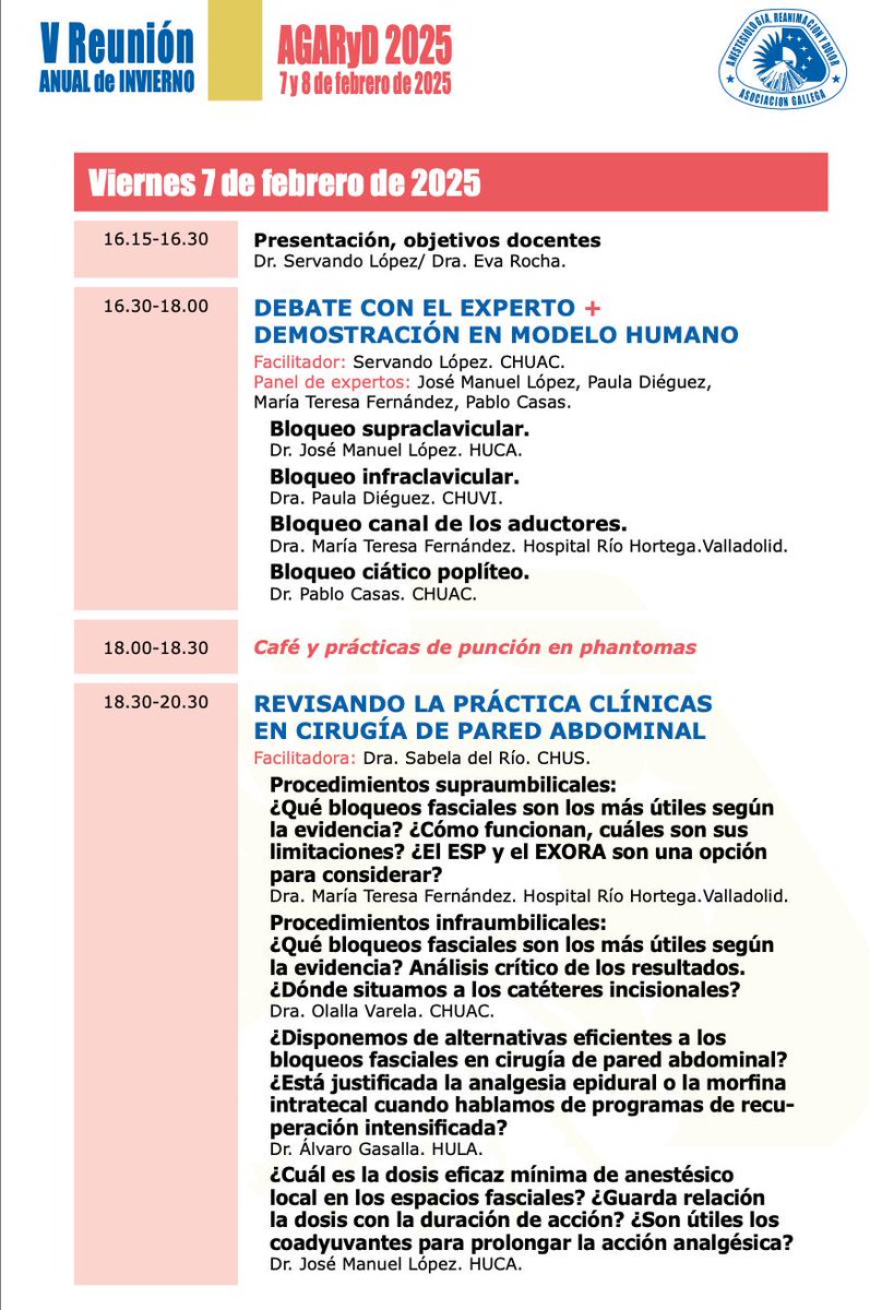 AGARyDGalicia's tweet photo. 📣 ¡Anestesiólogos! Queda menos de una semana para la #VReuniónanualAGARYD, el 7 y 8 de febrero🌟
Trataremos de: 
✅Compartir avances en anestesia regional
✅Intercambiar experiencias con compañeros 
✅Preguntar dudas a los expertos

📝 ¡Inscríbete ya!👉 
https://t.co/4ajTEnZAeL https://t.co/NxtKaNKjdb