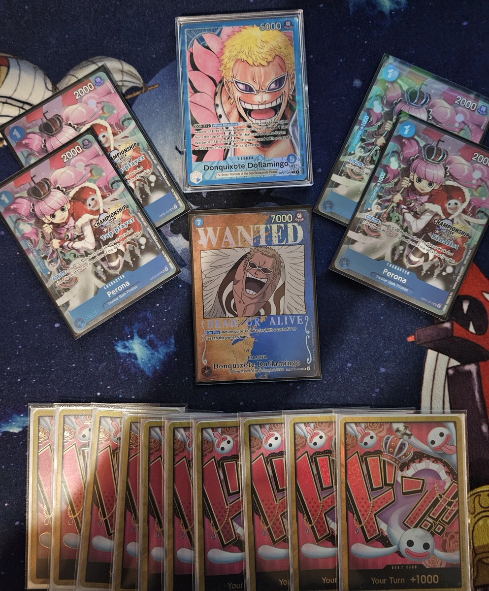 Went 9-1 (3rd Place by 0,01%) with Doflamingo in todays Treasure Cup
I played the Final so bad...

MU:
🟢 Pluffy
🟢 Shanks
🟢 Enel
🟢 Pluffy
🟢 Blackbeard
🟢 G Uta
🟢 BY Luffy
🟢 Pluffy
🟢 RP Luffy
🔴 Mirror FF