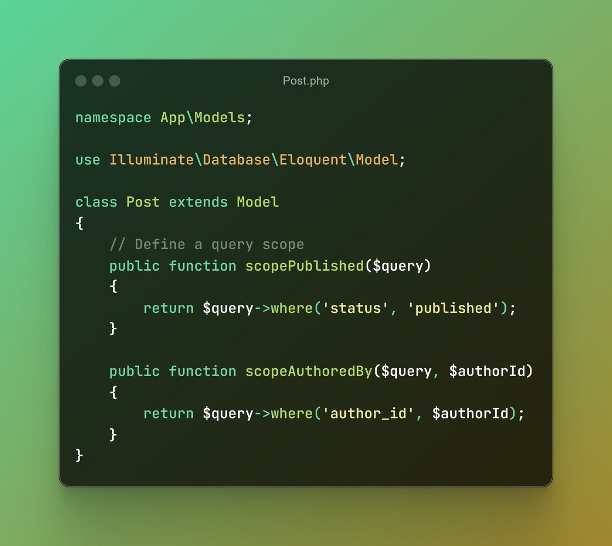 ScriptBinary's tweet image. Laravel Tip: Simplify Query Scopes
📌 Query scopes in Laravel make your Eloquent queries reusable and cleaner!
📌Define reusable conditions in your models.
📌Perfect for filtering and organizing queries efficiently.
✨ Follow @ScriptBinary for more articles.
#WebDevelopment