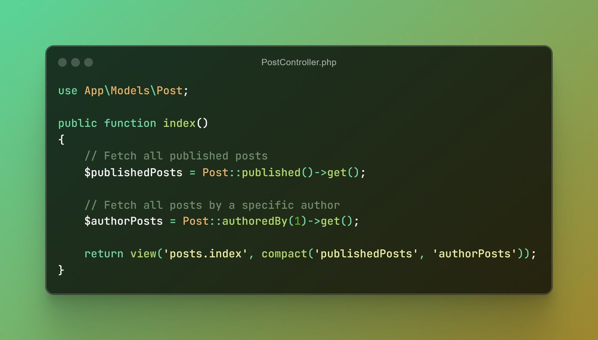 ScriptBinary's tweet image. Laravel Tip: Simplify Query Scopes
📌 Query scopes in Laravel make your Eloquent queries reusable and cleaner!
📌Define reusable conditions in your models.
📌Perfect for filtering and organizing queries efficiently.
✨ Follow @ScriptBinary for more articles.
#WebDevelopment