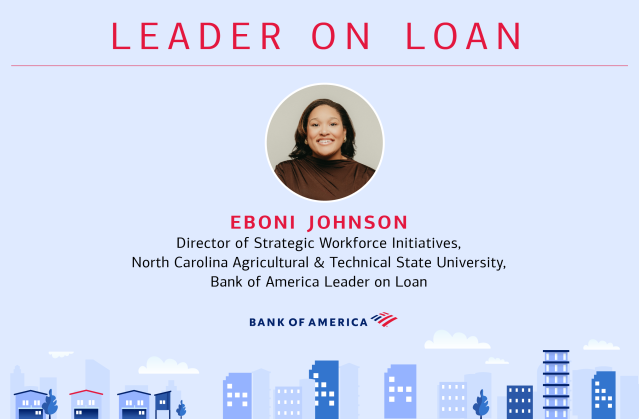 Meet Eboni Johnson, a <a href="/BankofAmerica/">Bank of America</a> teammate and our most recent Leader on Loan. Through this program, Eboni is partnering with <a href="/ncatsuaggies/">North Carolina A&T</a> to expand career services for non-STEM students and make a positive impact in their community. bit.ly/3PWiwc6