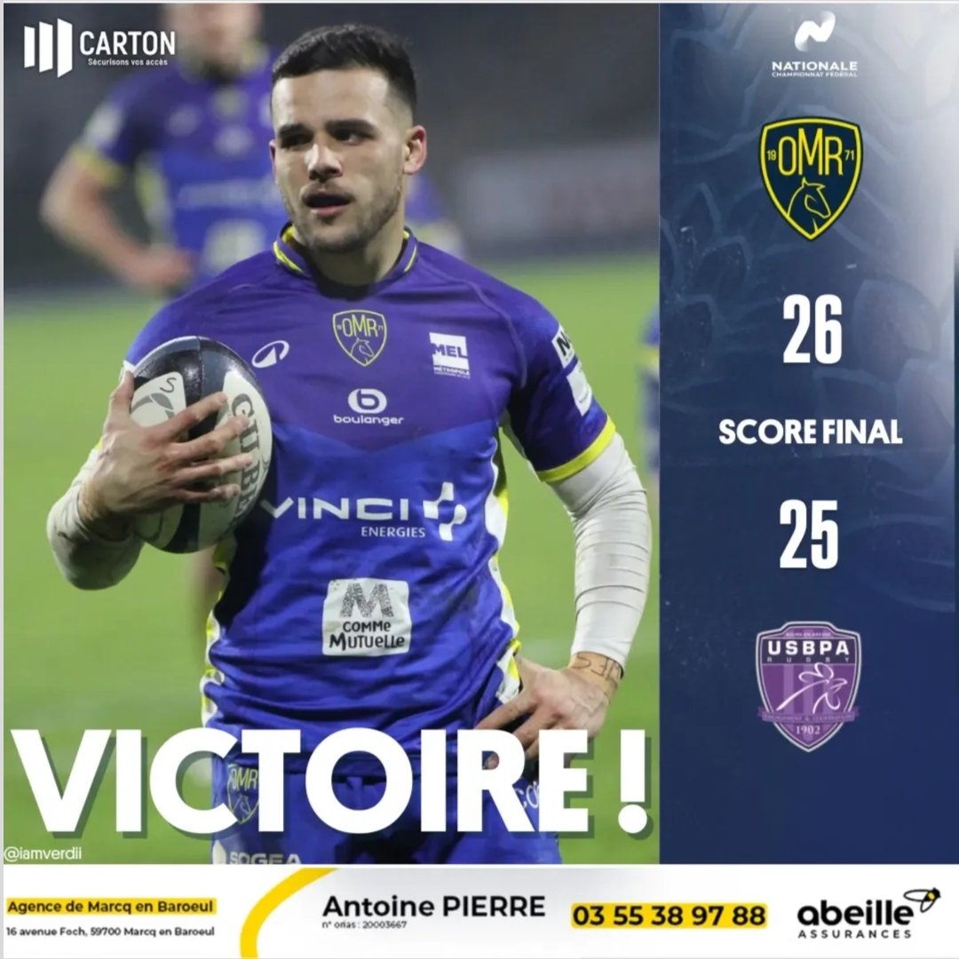 VICTOIRE DE L'OMR !!! 💛💙
Grâce à Dany Antunes auteur de 26 points (dont la pénalité de la gagne), les Jaune et Bleu s'imposent sur le fil face à Bourg-en-Bresse. 
Merci aux supporters venus braver le froid !