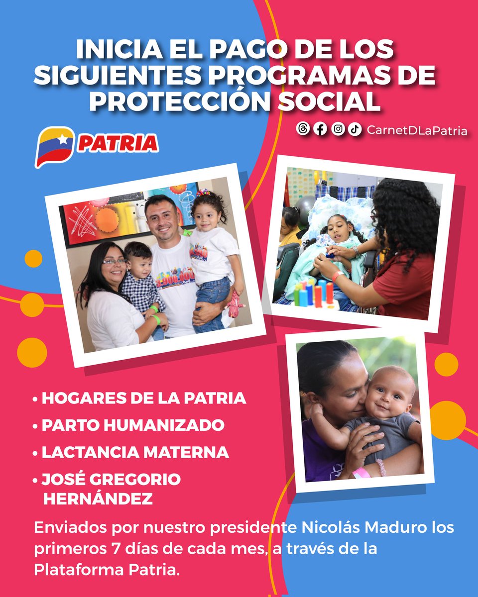 CarnetDLaPatria's tweet photo. #Entérate|| Inicia el pago de los siguientes programas especiales: 
✓Hogares de la Patria 
✓Parto Humanizado
✓Lactancia Materna
✓José Gregorio Hernández

A través de la #PlataformaPatria, enviado por nuestro Pdte. @NicolasMaduro.
Los primeros 7 días  de cada mes. https://t.co/psmbqSsasL