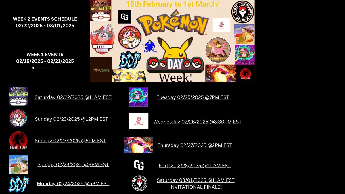 The Limitless Grassroots Tournament Organizers are Proud to Present, Pokémon Day Week 2025!

We at SpearPillar are honored to have been invited back to host events for the 2nd year of this event series! 

Huge thanks to <a href="/aoxVGC/">AoxVGC</a> for taking lead on organizing this event series!💜
