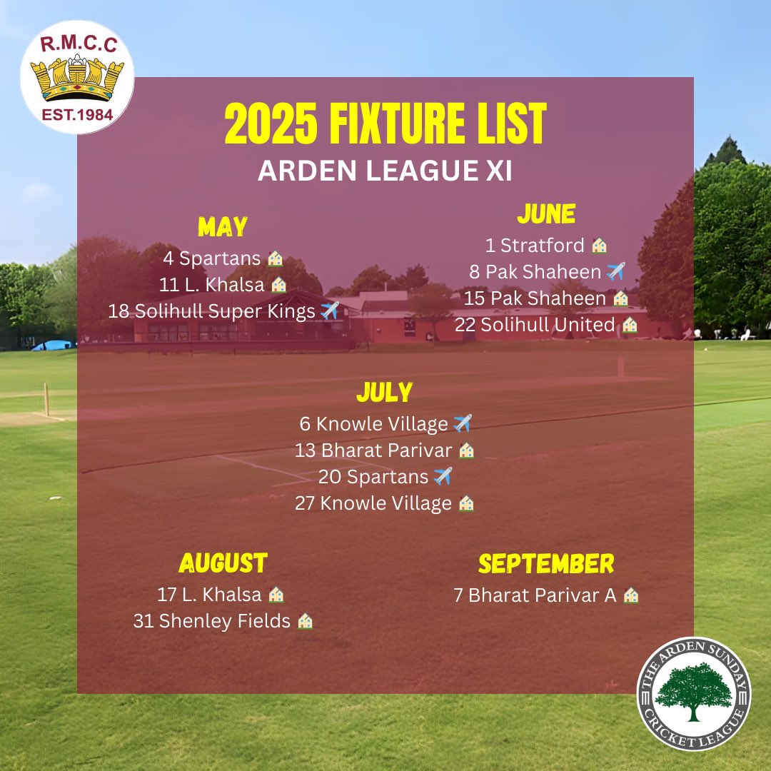Our 2025 Fixtures 📆

Fixtures for our three Saturday league teams have been released. Also fixtures for our first ever Arden League Season have been released.

#UPTHERM