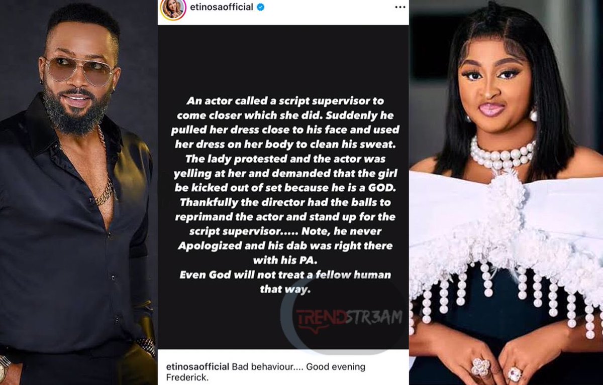 TrendStr3am's tweet photo. Even God will not treat a fellow human that way - Actress Etinosa Idemudia continues to drag her colleague, Frederick Leonard. https://t.co/fVf8gMfGiV