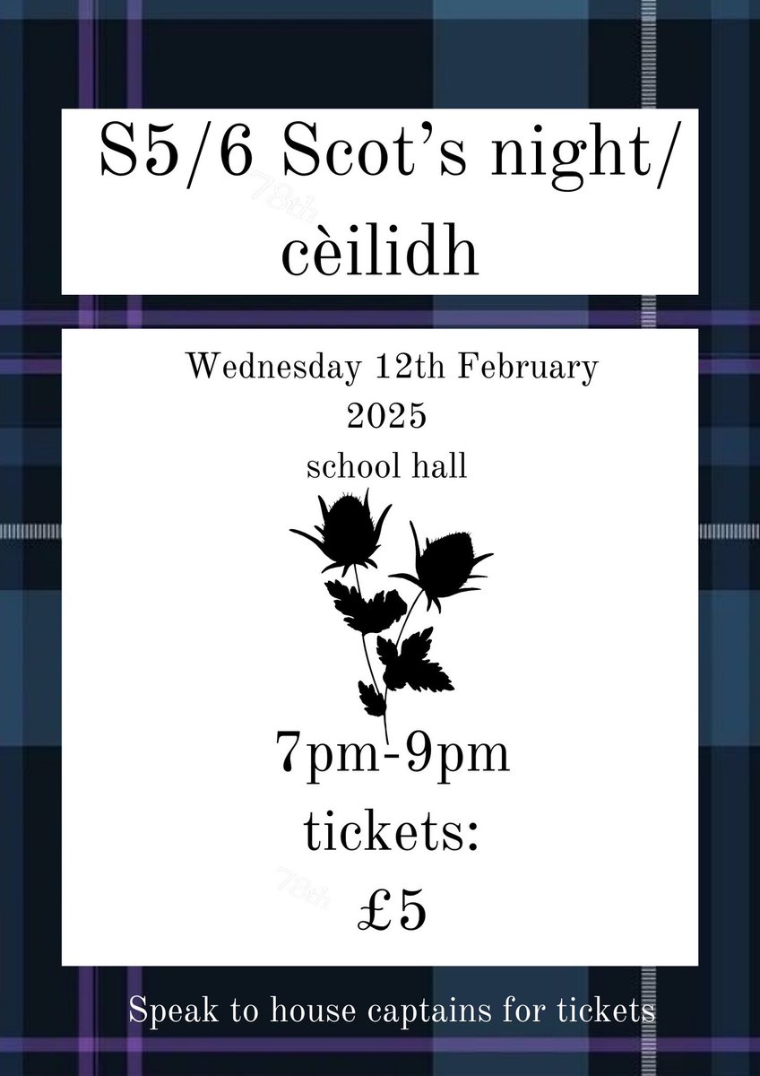 MorganSplt's tweet image. 🎉 Morgan Academy S5/6 Scots Night Céilidh! 🎶

Join us for an evening of dancing and celebration on Wednesday, 12th February 2025 in the school hall from 7pm-9pm.

🎟 Tickets: £5 – Get yours on Parent pay !!

Don’t miss out on a night of Scottish tradition and fun! ✨