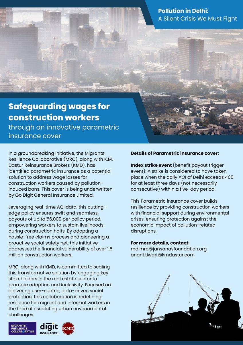 🚨 Game-Changing Insurance for Migrant Workers! 🚨
Delhi’s migrant workers now have a financial shield against pollution-induced job losses!

A first-of-its-kind parametric insurance ensures automatic direct payouts when AQI crosses critical levels. Let’s scale this impact