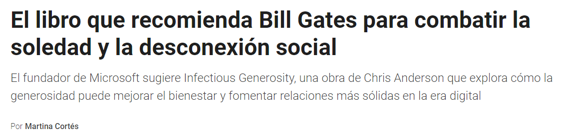 FJavierCalleja's tweet image. #InfectiousGenerosity, de #ChrisAnderson
No he leído el libro, ni en mi situación podría (vivo sometido a un esclavista sistema de interfaz neuronal manejado con tecnología de microondas), pero me parece que es una disposición necesaria la que se comenta: "Fomentar la conexión