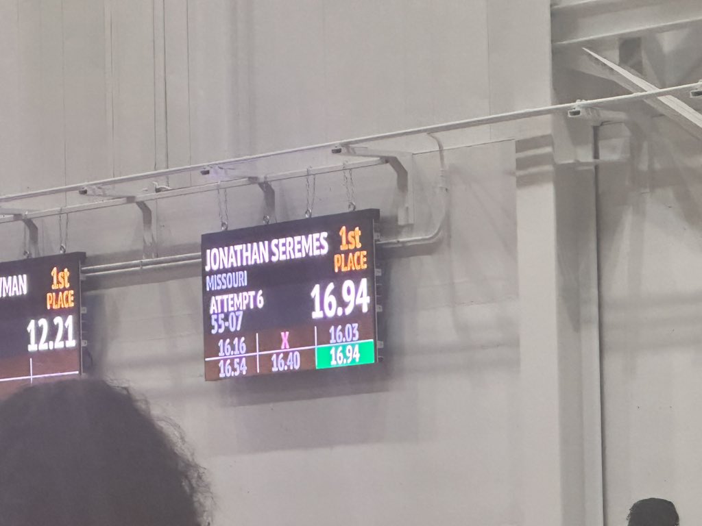 BellaMorganTV's tweet photo. THATS A SCHOOL RECORD, FACILITY RECORD, AND PERSONAL BEST FOR MIZZOU’S JONATHAN SEREMES! ⚡️

Seremes takes 1st in Men’s Triple Jump with his record breaking final jump of 16.94m. 

@KOMUsports @BenArnetKOMU https://t.co/Ncvwwzp0Qs