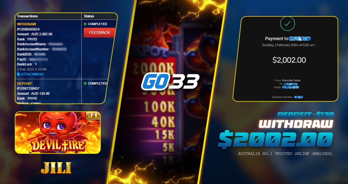 go33au's tweet image. Congratulations to #JILI   
Winner! Wishing you the 
best of LUCKS !🎰

PRODUCT : #JILI  
GAME : #DEVILFIRE  
DEPO : 130.00
WITHDRAW : $2,002.00

PLAY NOW ! 🇦🇺 :
go33au.com/RF199306860