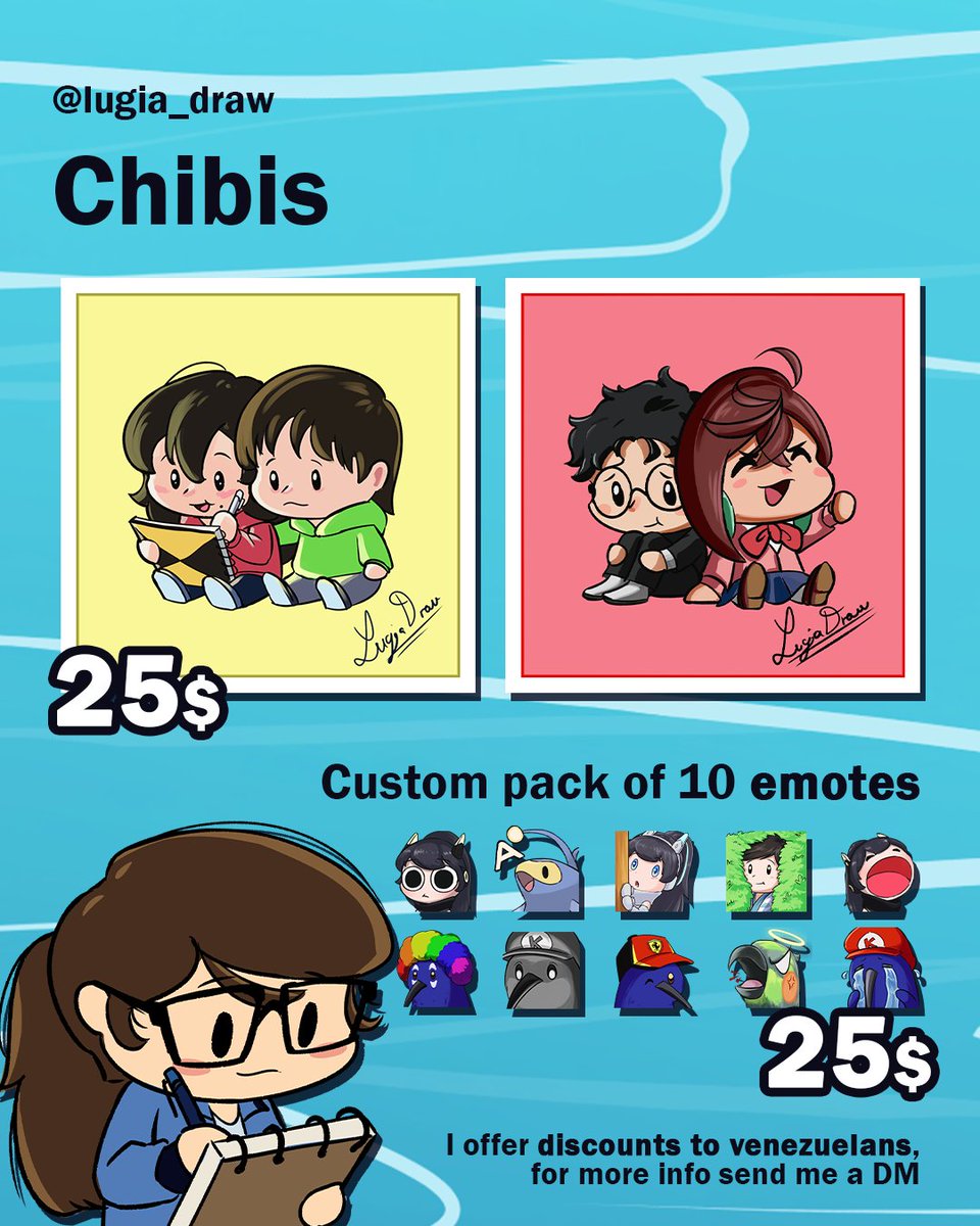 Lugia_draw's tweet photo. Nuevo flyer de comisiones abiertas!✨️

puedo ofrecerte comisiones de fondos, personajes, chibis y emotes para twitch, youtube o discord! ^^

y ofrezco un descuento especial para venezolanos!🇻🇪 para saber mas al respecto envienme un DM

#commissionsopen #commissionart https://t.co/o8uMAXoAn1