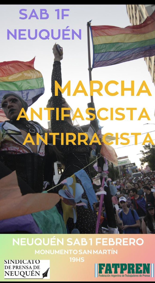 #Hoy convocamos y participamos de la #MarchaFederalAntifascistaAntirracistaOrgulloLGBTTEn resguardo de derechos logrados en la calle 🌈tras luchas sociales #Nosotres, todas, todos y todes 🏳️‍🌈
🕖19hrs 
✅Monumento a San Martín 
🌈antifasista 🏳️‍🌈antiracista 🌈Memoria #NiUnPasoAtrás