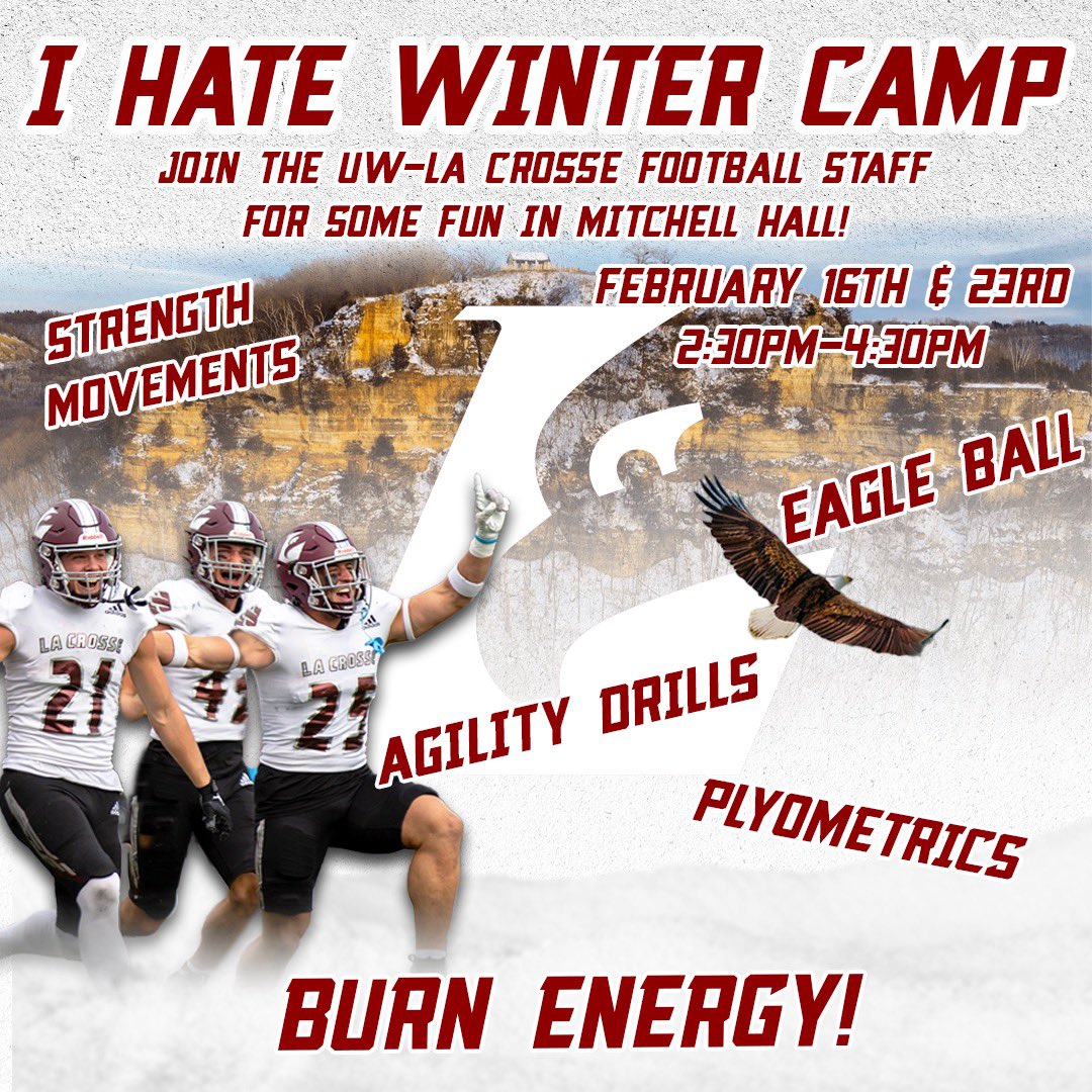 UWLEagleFB's tweet photo. 🦅 There’s still room!

🏈 Come join over 30 kids for our I HATE WINTER CAMP!

🔥 We are going to burn some energy and have some fun! 

🔗 https://t.co/oLTZdT9zNn

#TheExperience #d3fb https://t.co/EOEPrCJinh