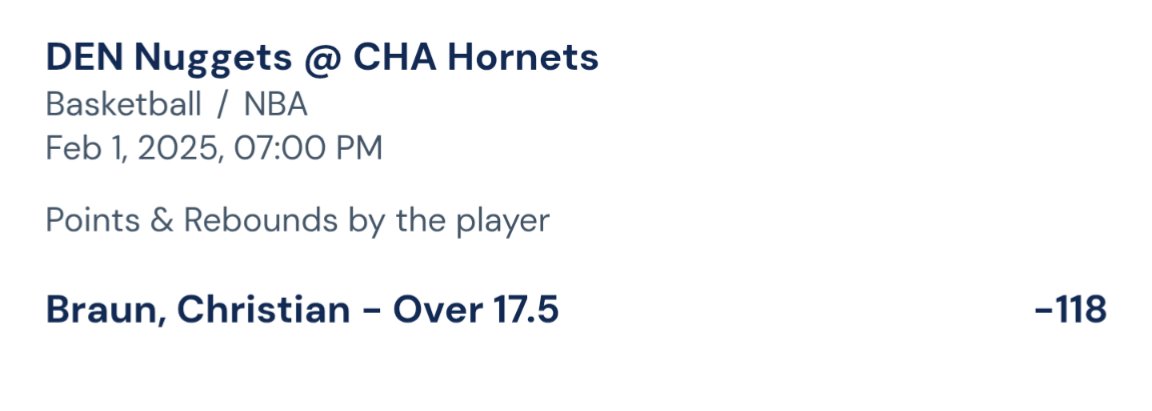 Wax_And_Wagers's tweet photo. #NBA Playπ
2.1.2025
β¬οΈπ C. Braun (DEN) o17.5 PR (-118 BetRivers)
Over in 7/L9, and Braun should continue to roll with Westbrook sidelined. Blowout potential, but on a B2B, especially after a hard fought game, it wouldn't surprise me if this was closer than expected. Braun should still see the minutes and usage, no matter. The matchup vs CHA is particularly favorable since they lack paint protection. Braun will have his pick, whether he drives or shoots from the outside.
BOL!π€π»Let's win!π Tap if tailing!π
| #DENvsCHA | #NBApicks | #FreePicks | #GamblingX | #BettingX | #BettingTips | #SportsBetting | #SportsBettingX |