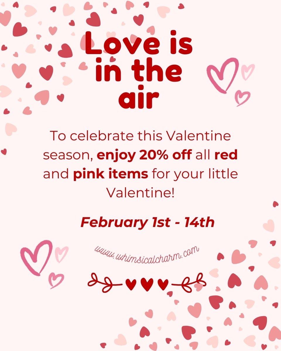 Whimsical_Charm's tweet photo. Our Red &amp; Pink Sale Starts TODAY! 

In celebration of Valentine’s Day, enjoy 20% OFF all items featuring red and pink! Now’s the time to grab cozy, colorful pieces that spread the love. 💖

This offer is available in-store only. Ends February 14th!

#PinkAndRedSale #ValentinesDay https://t.co/wUCRONoycp