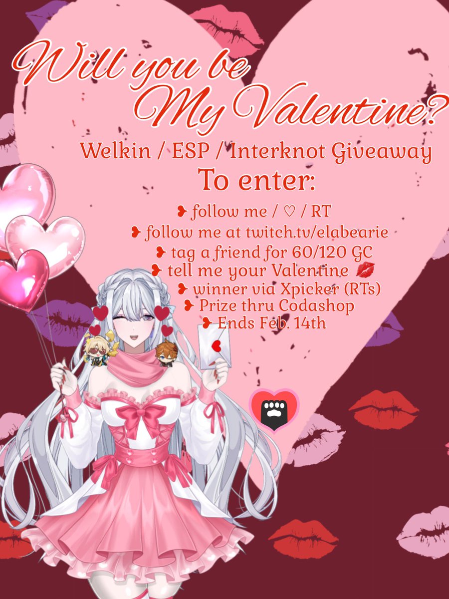 elabearie_VT's tweet photo. 💖BE MY VALENTINE💖
Welkin / ESP / INTERKNOT #Giveaway

To Enter:

❥ follow me / ♡ / RT
❥ follow https://t.co/jOkbPwZzYj
❥ tag a friend for 60/120 GC
❥ tell me your #Valentine
❥ picked thru Xpicker
❥ prize thru Codashop
❥ ends Feb. 14

#Genshintwt #hsrtwt #zzztwt https://t.co/3uE5GScZ4p