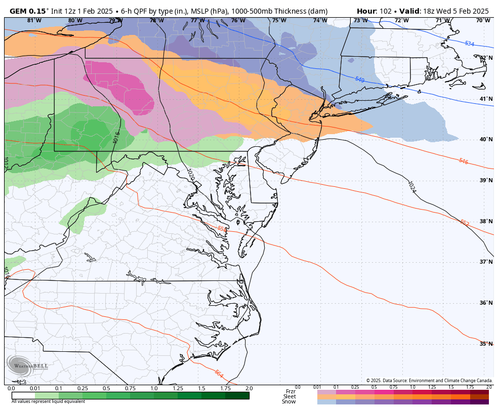 TonyPannWBAL's tweet photo. The GFS on an island. Again. If the GFS is correct, there could be a significant snow/ice event in the Baltimore Metro Wednesday next week. 👇 The GEM and Euro say: Nope. Both solutions are possible this far out. Better idea of what's going to happen on Sunday. Stay tuned. ❄️🚂 https://t.co/f4Viqakvm4